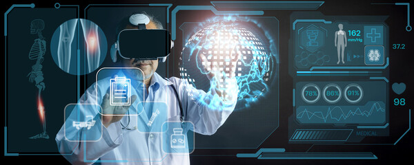 Digital medical health futuristic and global metaverse technology, doctor wearing best VR headset...