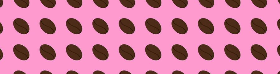 Drawing of images of coffee beans on a purple-pink background. template for overlaying on the surface. seamless pattern. Banner for insertion into site. 3D rendering. 3D image