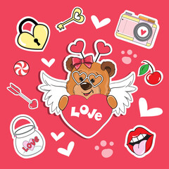 The teddy bear fashion patch badges for valentine's day. Vector illustration of cartoon animals