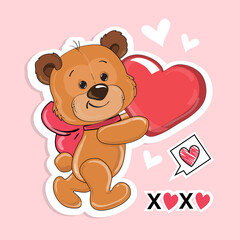 Valentine's day bear holding heart. Vector cartoon illustration. Fashion patch badges Sticker