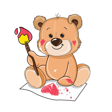 Cute cartoon teddy bear drawing a heart on a white background isolated. Vector illustration for valentine's day. T-shirt design, greeting cards