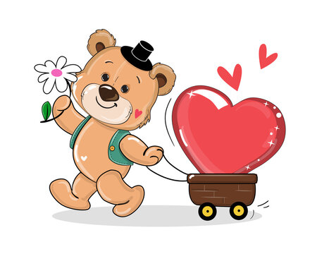 Cute cartoon teddy bear carrying a heart. Vector illustration isolated. Valentine's day concept, birthday card
