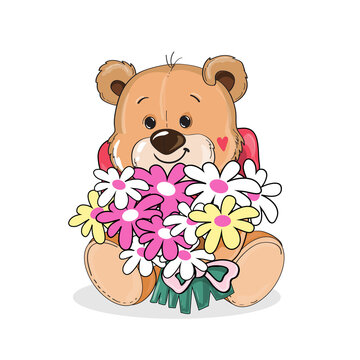 Cute cartoon teddy bear with a bouquet of flowers on a white isolated background. Vector illustration for Valentine's Day and Birthday