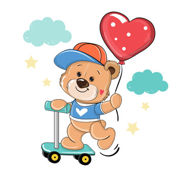 Cute cartoon teddy bear on a scooter on a white background isolated. Vector illustration for Valentine's Day. T-shirt design, greeting cards