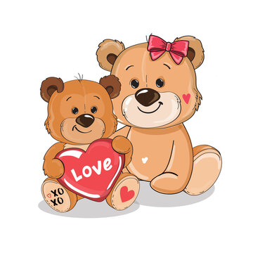 Two cute cartoon bears are holding a heart. Vector illustration of a mom with her son. Concept for Valentine's Day, Birthday, Mother's Day