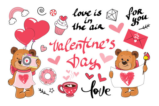 Valentine's day collection with teddy bear, calligraphy lettering and love elements. Vector cartoon illustration. Love animals