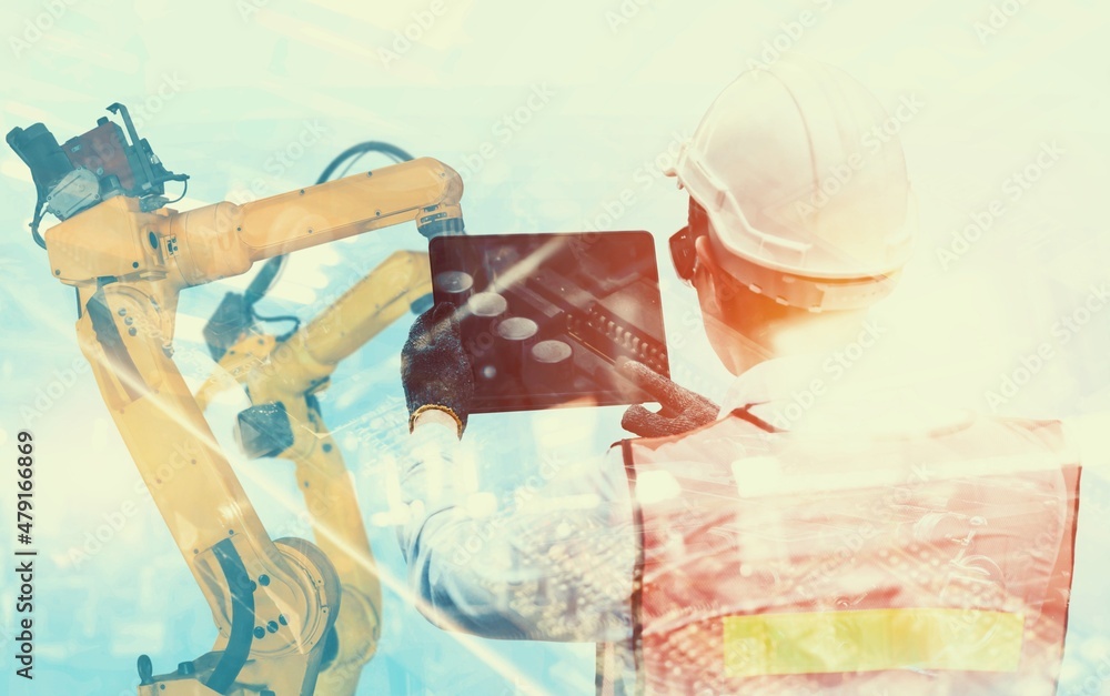Poster mechanized industry robot arm and factory worker double exposure . concept of robotics technology fo