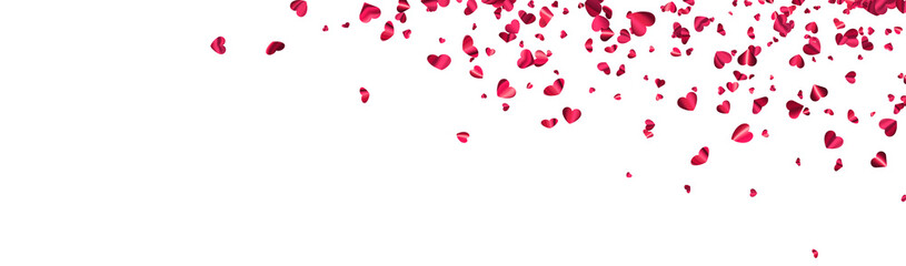 Pink foil hearts confetti on white banner background with space for text.