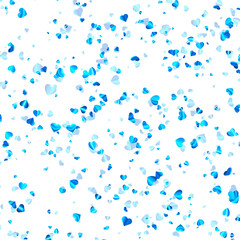Blue foil hearts confetti on white background.