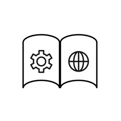 Vector outline symbol suitable for internet pages, sites, stores, shops, social networks. Editable stroke. Line icon of  gear and globe on pages of opened book
