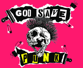 God Save Punk. Screaming skull head with mohawk hair isolated on pink background. - obrazy, fototapety, plakaty