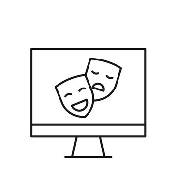 Vector outline symbol suitable for internet pages, sites, stores, shops, social networks. Editable stroke. Line icon of  theatrical masks on screen of modern computer