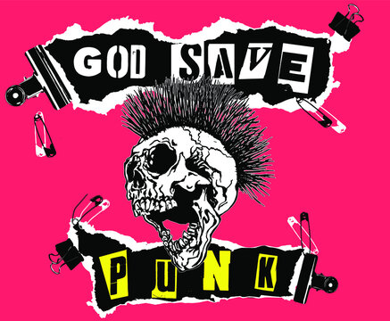 God Save Punk. Screaming skull head with mohawk hair isolated on pink background.