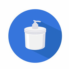 Big plastic tube  of cream with dispenser vector icon isolated on blue background with shadow
