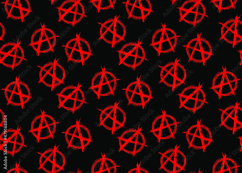 Poster seamless vector pattern of a red letter symbol of anarchy on black background.