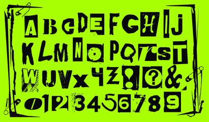 Punk typography vector alphabet and numbers. Type specimen set for grunge font flyers and posters or ransom note style designs.