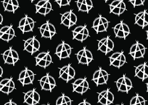 Seamless vector pattern of A white letter symbol of Anarchy on black background.