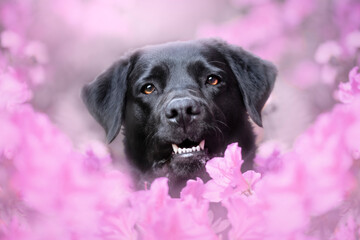 Perro rodeado de flores rosas