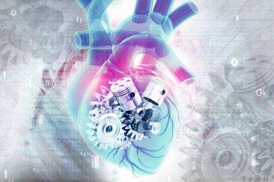 Human heart with cogs and wheels inside. 3d illustration