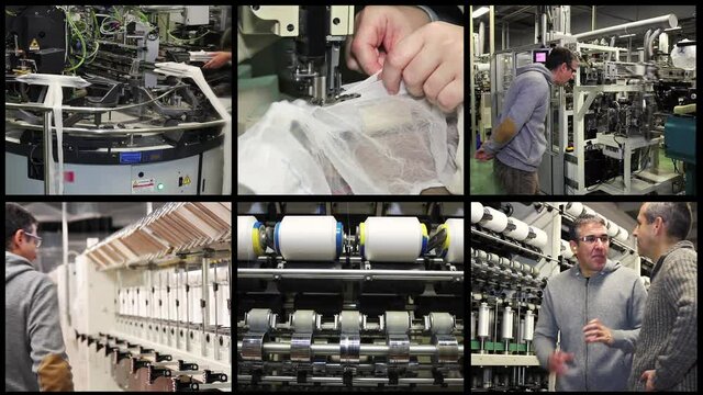 Textile Industry Conceptual Video Wall. Automated Production in Garment Factory. Engineer in Front of Automated Machine for Pantyhose Manufacturing. Industrial Mechatronics.