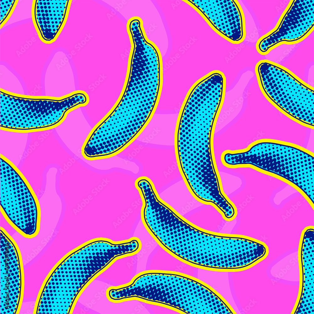 Aufkleber seamless vector pop art pattern of blue bananas randomly distributed on pink background in vaporwave