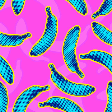 Seamless vector pop art pattern of blue bananas randomly distributed on pink background in vaporwave style design.