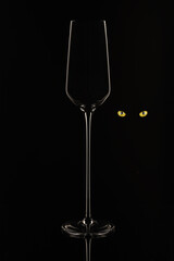 outline of an elegant glass on a black background and cat's eyes