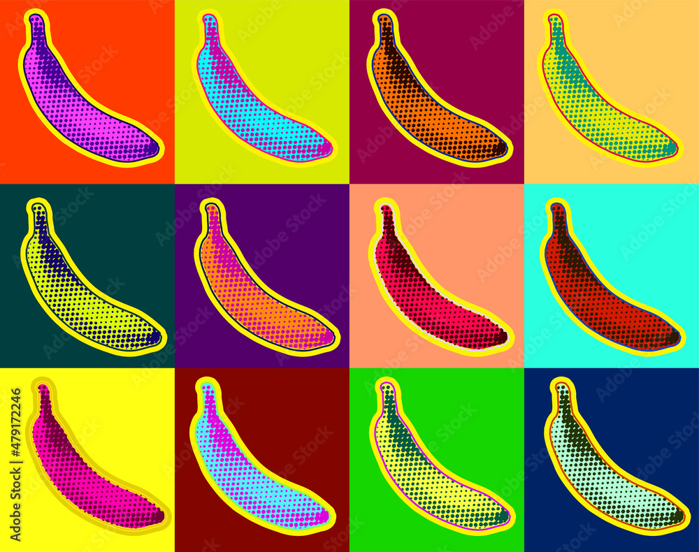 Aufkleber pop art style banana in dot halftone style. vector pattern on multiple and repeated colorful psyched