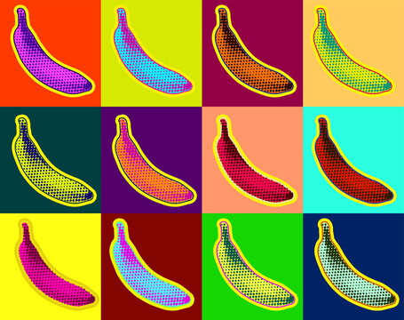 Pop art style banana in dot halftone style. Vector pattern on multiple and repeated colorful psychedelic background.