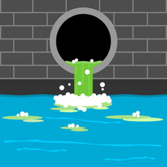 Green wastewater flowing from pipe sewer drain into water river pollution the environment flat vector.