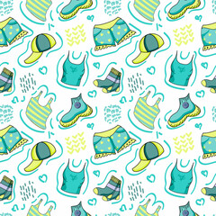 Seamless pattern of hand-drawn elements on white background. Clothes for charity. Sleeveless shirt, T-shirt, shorts, socks and sneakers. Second hand clothing idea.