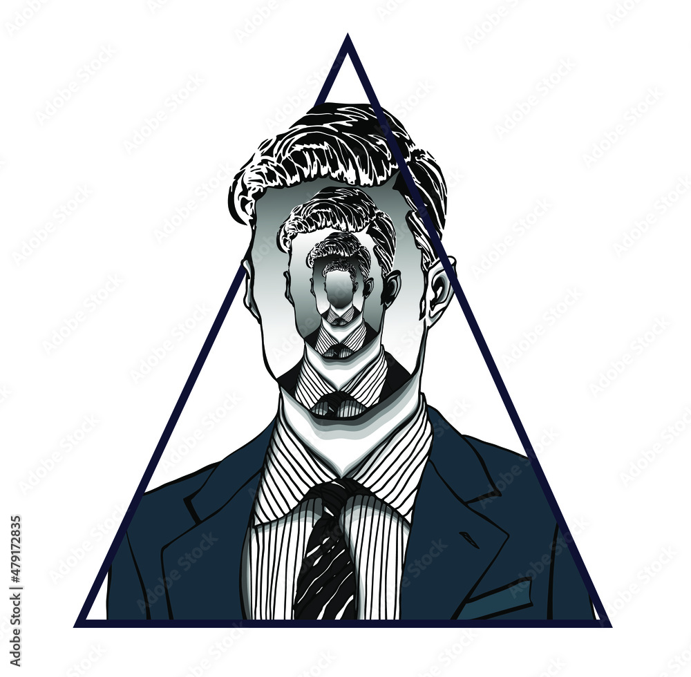 Poster hand drawn portrait of a strange handsome man with anonymous face with himself repeated like in an e