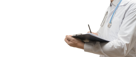 Doctor makes an entry in medical journal. male doctor holding medical records. Doctor with clinical...