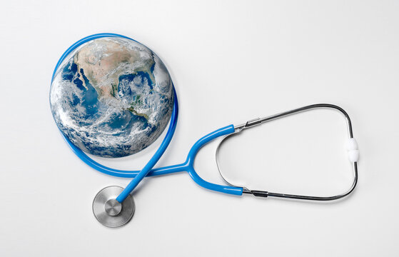 Stethoscope listening planet Earth. Global Healthcare. Globe and stethoscope. Elements of this image were furnished by NASA