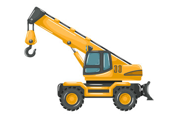 Heavy machinery with cartoon style yellow wheel telescopic crane on white background.