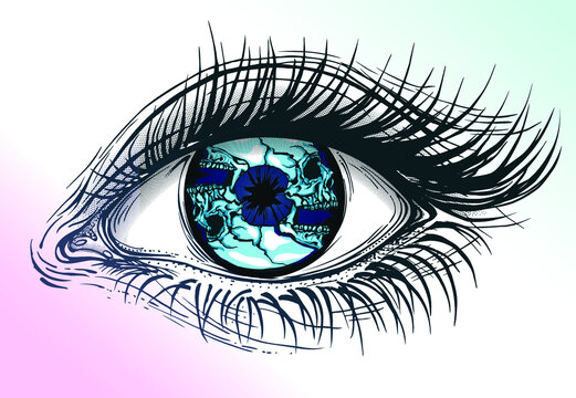 Concept vector illustration of female eye with double circular blue skulls iris.