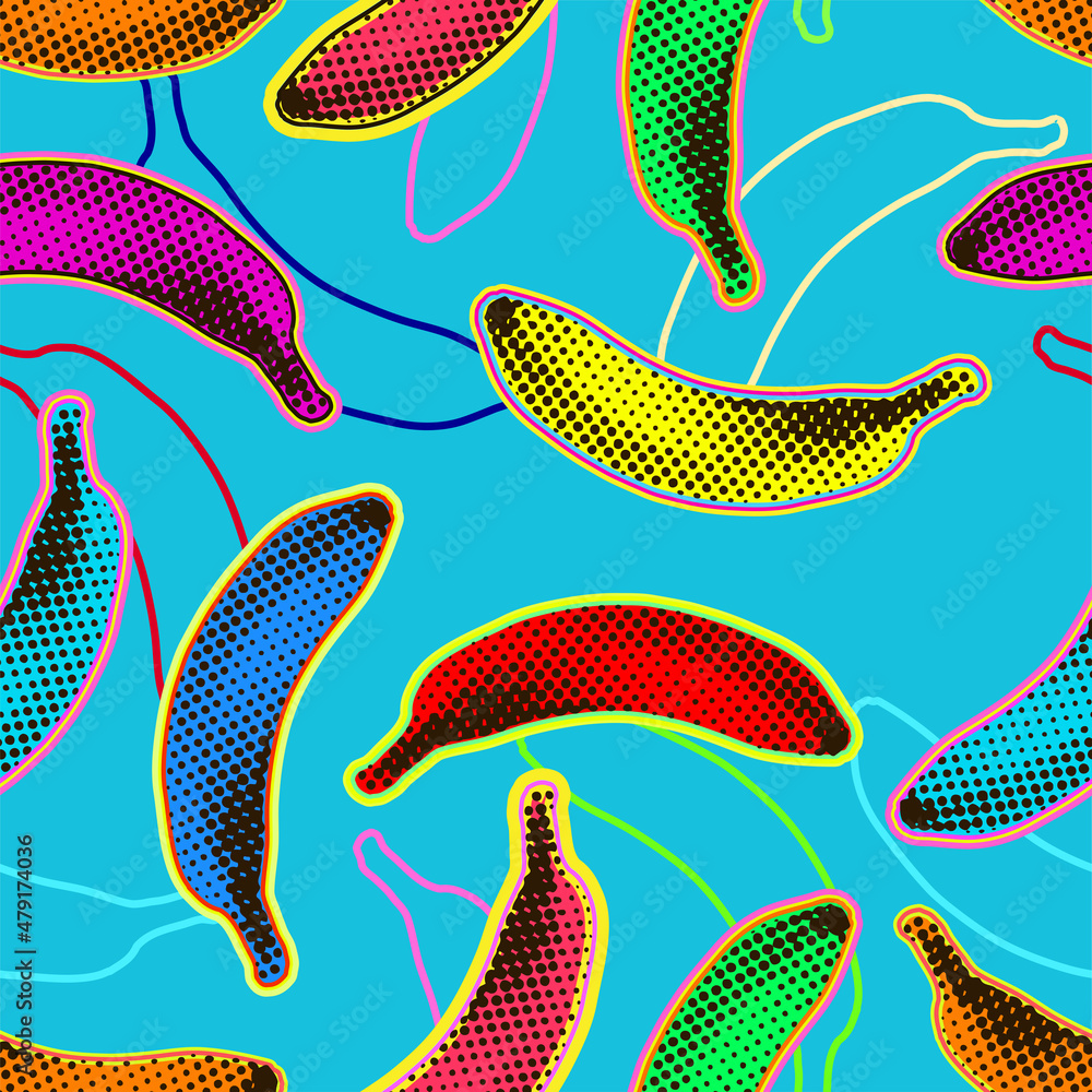 Aufkleber seamless vector pop art pattern of colorful psychedelic dot halftone bananas and line banana silhoue