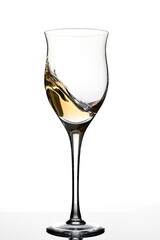 Swirl or movement of liquid in a glass of white wine. White background, vertical orientation. Concept of movement, elegance.