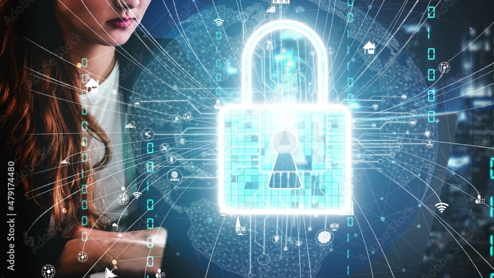 Poster cyber security encryption technology to protect data privacy conceptual . 3d render computer graphic