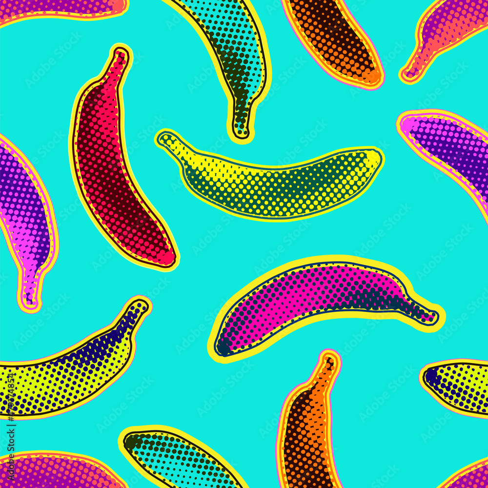 Aufkleber seamless vector pop art pattern of colorful psychedelic dot halftone bananas randomly scattered on l