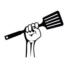 The hand is clenched into a fist. Hold the spatula firmly. Vector illustration, flat minimal design, black silhouette, isolated on white background, eps 10.
