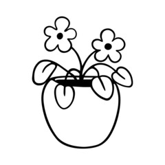 Potted flower in doodle style. Isolated floral element on a white background. The outline of a violet. Contour.