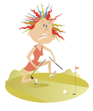 Upset golfer woman on the golf course illustration. 
Cartoon angry golfer woman breaks the golf club
