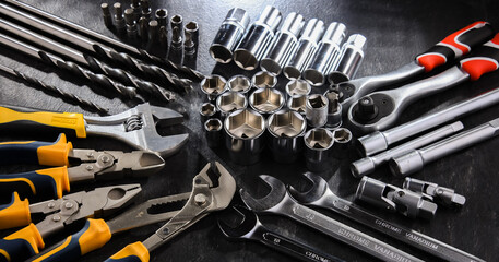 Composition with a variety of metal tools