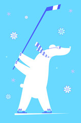 Cartoon bear an ice hockey player illustration. 
Cartoon polar bear plays ice hockey white on blue background
