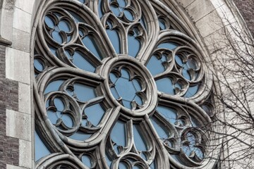 LVIV, UKRAINE - JANUARY 2022: Exterior of the Greek Catholic Church of Sts. Olha and Elizabeth. Rose Window.	
