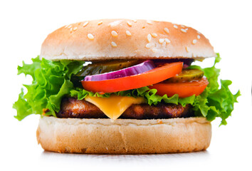 Hamburger with cheese and fresh vegetables isolated on white
