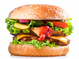 Hamburger with cheese and fresh vegetables isolated on white