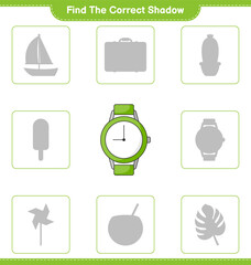 Find the correct shadow. Find and match the correct shadow of Watches. Educational children game, printable worksheet, vector illustration