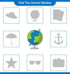 Find the correct shadow. Find and match the correct shadow of Globe. Educational children game, printable worksheet, vector illustration